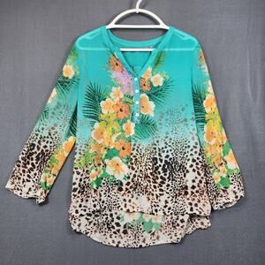 Soft Surroundings Womens Top Petite Medium Semi Sheer Popover Green Floral Beach